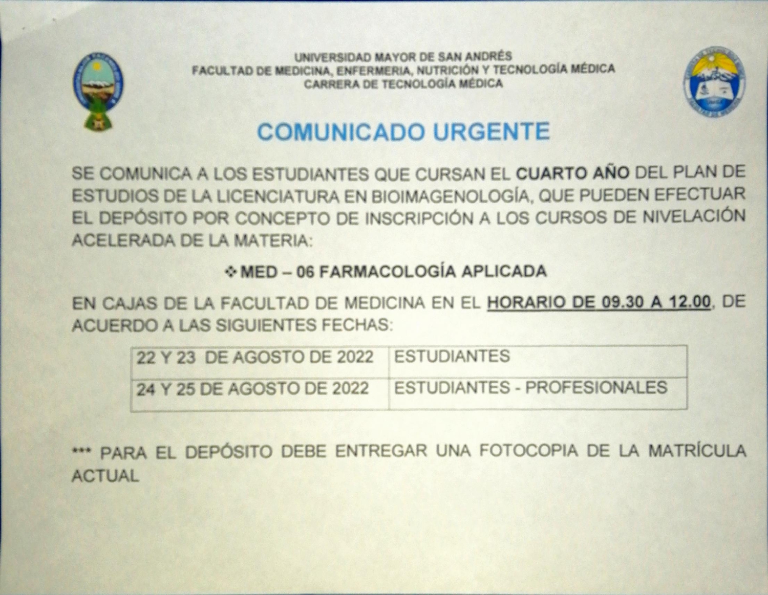 cursos de nivelacion farmacologia - CARRERA DE TECNOLOGÍA MEDICA -  Universidad Mayor de San Andrés