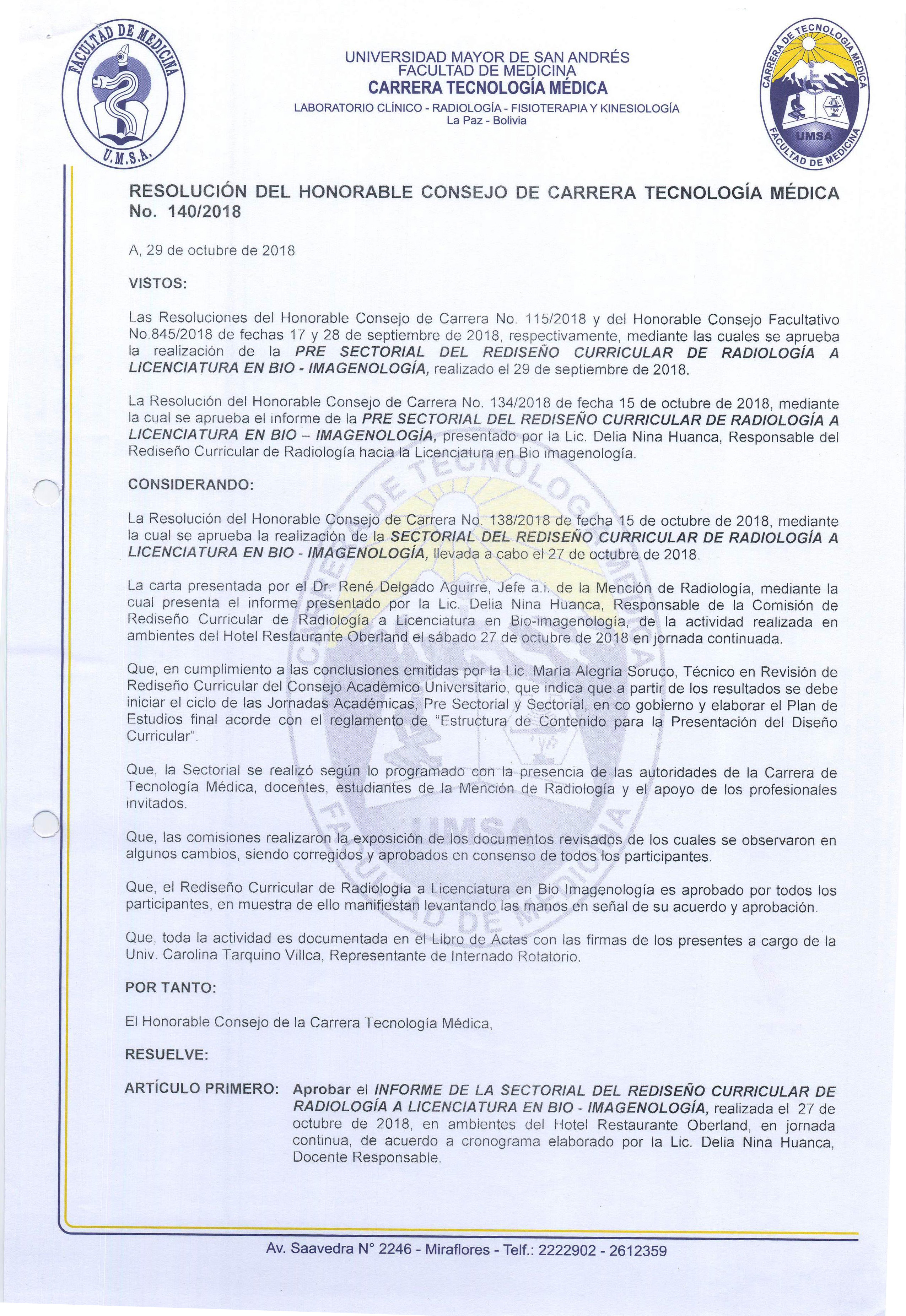 Sectorial del Rediseño Curricular de Radiología Hacia la Licenciatura de  BIO-IMAGENOLOGIA - CARRERA DE TECNOLOGÍA MEDICA - Universidad Mayor de San  Andrés